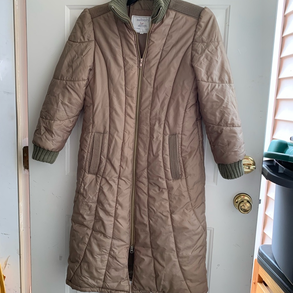 Mulberry Tan Quilted Puffer Coat with Green Accents